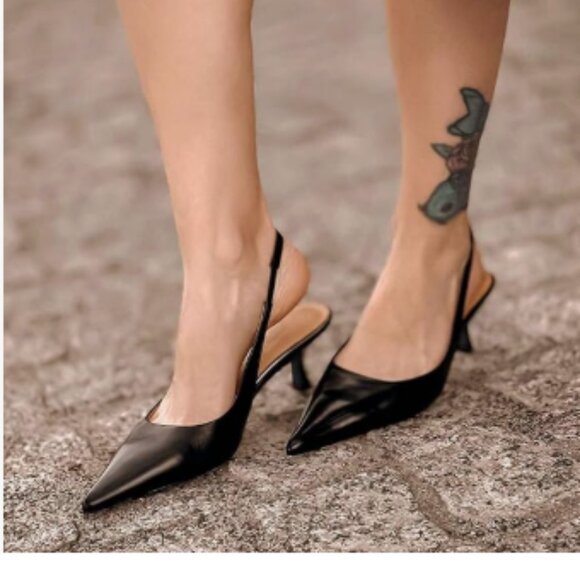 FSJ Black Kitten Heel Slingback Sandals Pointy Toe Sexy Pumps Comfortable Shoes - Picture 1 of 8